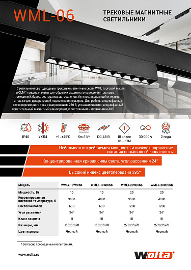 Трековый светодиодный светильник WOLTA WMLS-20W/06B 20Вт 4000К 48В IP40 Магнитный черный 270x35x70мм 1/20 от магазина Диал Электро