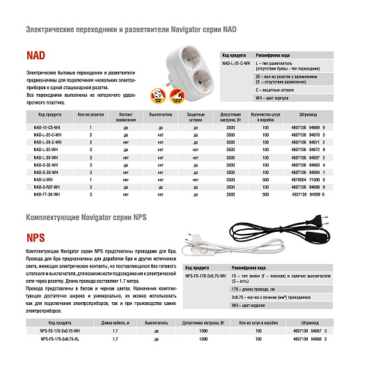 Разветвитель Navigator 94 670 NAD-L-2E-C-WH 2 гн. с/з от магазина Диал Электро