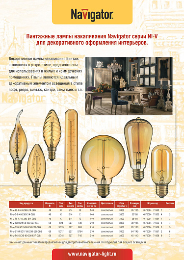 Лампа Navigator 71 958 NI-V-T45-SC15-60-230-E27-CLG от магазина Диал Электро