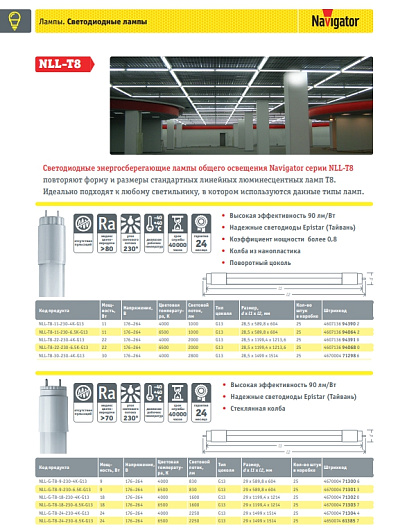Лампа светодиодная линейная t8 g13 22вт 6500к 1200мм Navigator 94 068 NLL-T8-22-230-6.5K-G13 от магазина Диал Электро