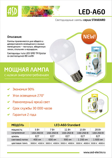 Лампа светодиодная LED-A60-std 11Вт 230В Е27 3000К 990Лм ASD от магазина Диал Электро