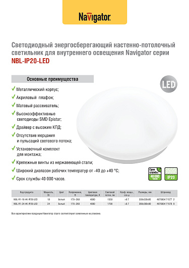 Накладной светодиодный светильник 24вт 4000к Navigator 71 578 NBL-R1-24-4K-IP20-LED от магазина Диал Электро