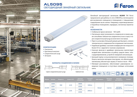 Светильник светодиодный линейный Feron AL5095 IP65 36W 6500K 1210*70*43мм от магазина Диал Электро