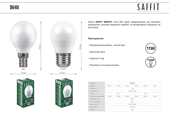 Лампа светодиодная SAFFIT SBG4511 Шарик E27 11W 2700K от магазина Диал Электро