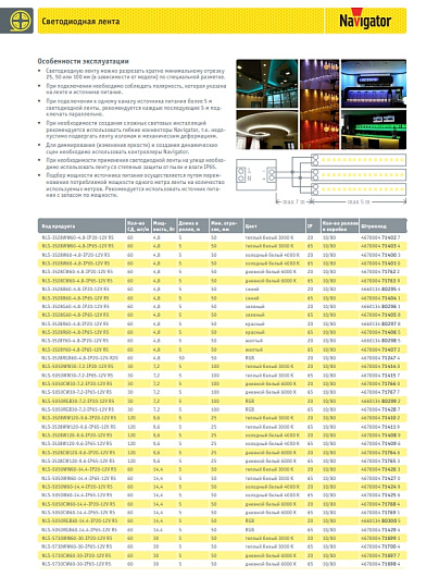 СД Лента Navigator 71 245 NLS-3528W60-4.8-IP20-12V-R50 от магазина Диал Электро