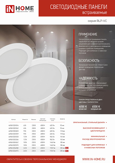 Панель светодиодная встраиваемая круглая RLP-VC 12Вт 230В 4000К 960Лм 145мм белая IP40 IN HOME от магазина Диал Электро