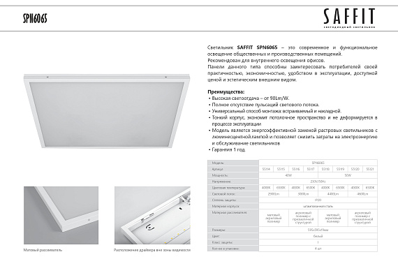 Светодиодный светильник SAFFIT SPN6065 встраиваемый 40W 4000K белый призма от магазина Диал Электро