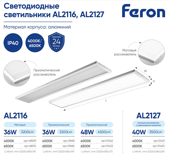 Светодиодный светильник накладной встраиваемый ДВО Feron AL2116 48W 4000K 4500Lm ПРИЗМА 1200x180x17 mm 51422 от магазина Диал Электро