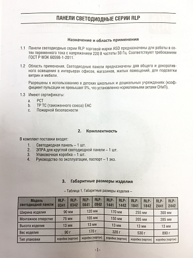 Панель светодиодная RLP-2441 24Вт 160-260В 4000К 1920Лм 300/285мм белая ASD от магазина Диал Электро