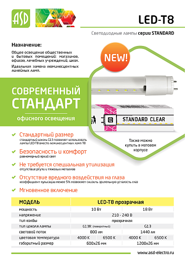 Лампа светодиодная LED-T8R-П-std 10Вт 230В G13R 6500К 800Лм 600мм прозрачная поворотная ASD от магазина Диал Электро