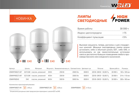 Лампа LED WOLTA 25WHP60E40  6500К от магазина Диал Электро