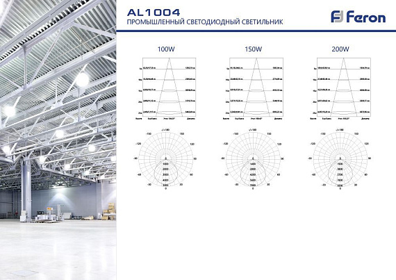 Складской светодиодный промышленный светильник подвесной UFO 150вт Feron AL1004 IP65 150W 120° 6400K 41203 ДСП для высоких пролетов от магазина Диал Электро