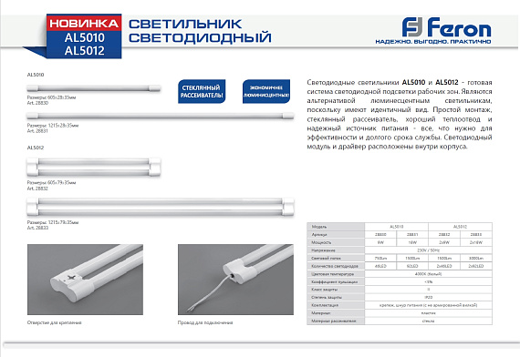 AL5010 18W 1500Lm 4000K стеклянная трубка, пластик, IP20, 1215*28*35мм от магазина Диал Электро