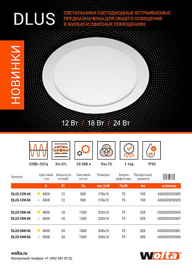 Светильник встраиваемый точечный светодиодный WOLTA DLUS-18W-4K 18Вт 4000К IP40 от магазина Диал Электро