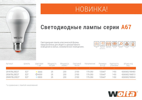 Светодиодная лампа WOLTA 25W67BL25E27 "Груша" A67 25Вт 2100лм 6500К Е27 1/50 от магазина Диал Электро