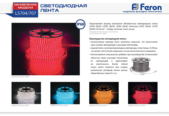 Cветодиодная LED лента Feron LS704. 60SMD(2835)/м 4.4Вт/м  100м IP65 220V красный от магазина Диал Электро