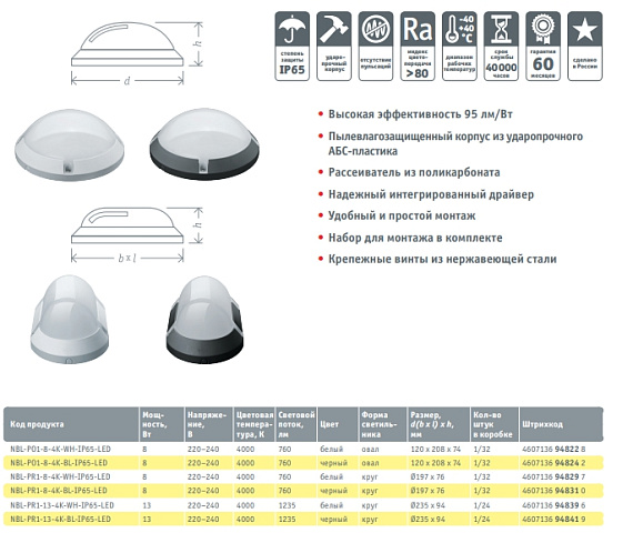 Накладные ДПБ с встроенными LED модулями для освещения ЖКХ Navigator 94 824 NBL-PO1-8-4K-BL-IP65-LED (R) (НПБ 1401) от магазина Диал Электро