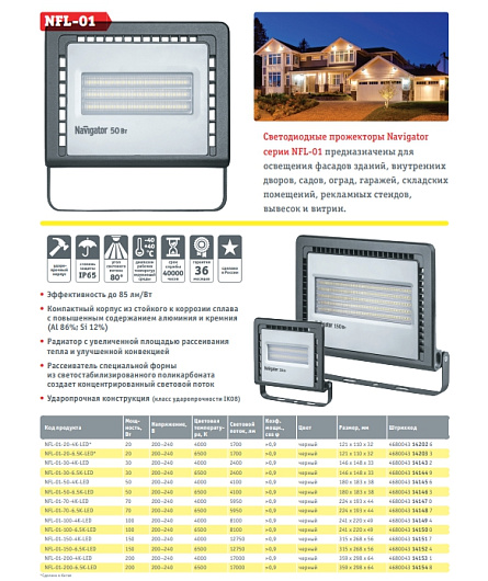 Прожектор светодиодный 50 вт 6500к Navigator 14 146 NFL-01-50-6.5K-LED от магазина Диал Электро