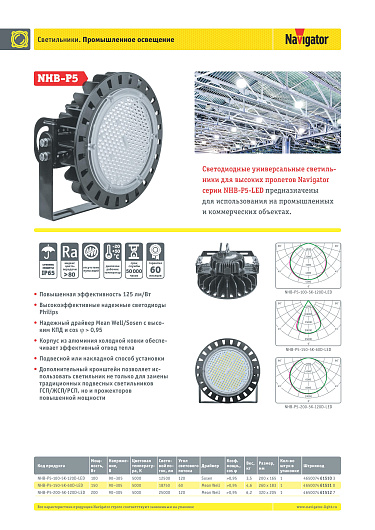 Подвесной светильник для высоких пролетов промышленный Navigator 61 510 NHB-P5-100-5K-120D-LED от магазина Диал Электро