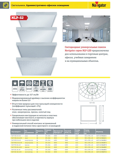 Универсальный  светодиодный светильник 600 600 Navigator 94 497 NLP-PS2-36-4K (R) (Аналог ЛВО4х18, Призма) от магазина Диал Электро