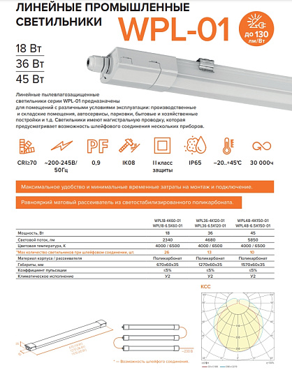 Светодиодный светильник линейный герметичный WOLTA WPL36-4K120-01 36Вт 4000К IP65 WPL-01 (с магистральной проводкой) от магазина Диал Электро