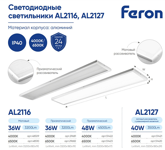 Светодиодная панель встраиваемая ДВО Feron AL2127 40W 6500K белый 3500Lm светильник накладной ОПАЛ 1200x180x29 mm 51420 от магазина Диал Электро