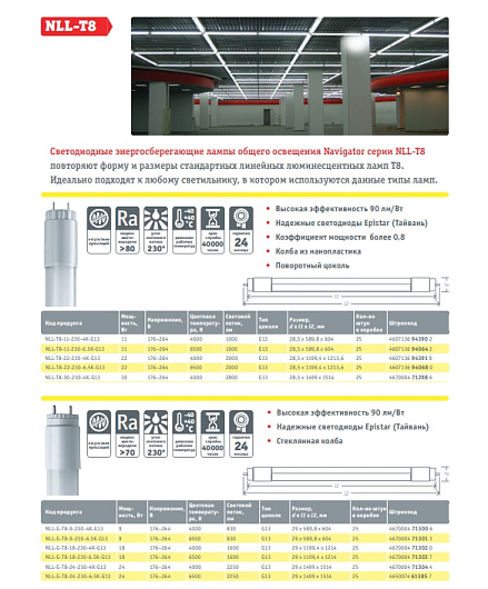 Светодиодная лампа линейная t8 g13 9вт 4000к 600мм Navigator 71 300 NLL-G-T8-9-230-4K-G13 от магазина Диал Электро