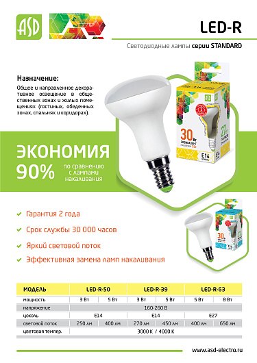 Лампа светодиодная LED-R39-std 5Вт 230В Е14 4000К 450Лм ASD от магазина Диал Электро