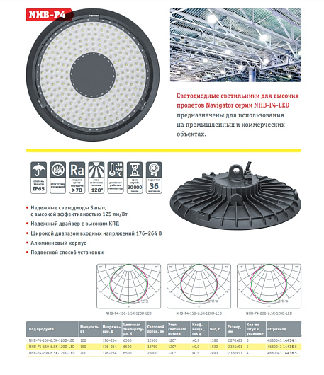 Подвесной светильник для высоких пролетов промышленный складской 200Вт 6500K Navigator 14 436 NHB-P4-200-6.5K-120D-LED от магазина Диал Электро