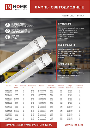 Лампа светодиодная линейная t8 g13 32w 6.5k LED-T8-М-PRO 32Вт 230В G13 6500К 3200Лм 1500мм матовая IN HOME от магазина Диал Электро