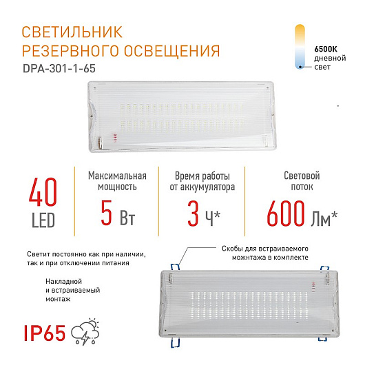 Аварийный светильник светодиодный ЭРА DPA-301-1-65 постоянный 40LED 3ч IP65 от магазина Диал Электро