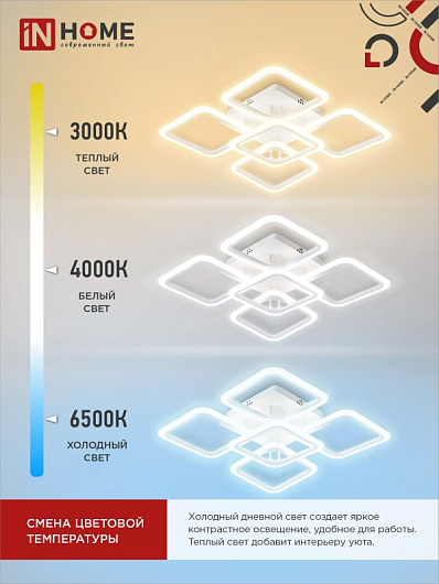 Светильник светодиодная люстра с пультом ELEGANT ARIS-90W 90Вт 230В 3000-4000-6500K 7000Лм 590х590х130мм c пультом ДУ белый IN HOME от магазина Диал Электро