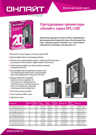 Прожектор светодиодный уличный ОНЛАЙТ 61 179 OFL-30-BLUE-BL-IP65-LED синий от магазина Диал Электро