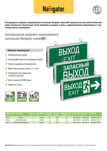 Эвакуационные светильники табло аварийного освещения 220в Navigator 71 357 NEF-03 (НАПРАВЛЕНИЕ ДВИЖЕНИЯ) (с готовым нанесением) от магазина Диал Электро