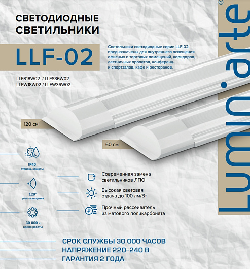 Светильник светодиодный линейный 1200мм LLFS36W02 36 Вт, 4000K, 3000Лм от магазина Диал Электро