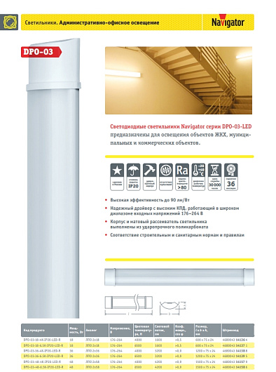 Линейный светильник 1500мм Navigator 14 158 DPO-03-48-6.5K-IP20-LED-R от магазина Диал Электро