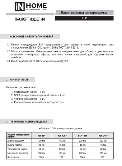 Панель светильник светодиодный встраиваемый круглый RLP 18Вт 230В 4000К 1080Лм 225мм белая IP40 IN HOME ультратонкие от магазина Диал Электро