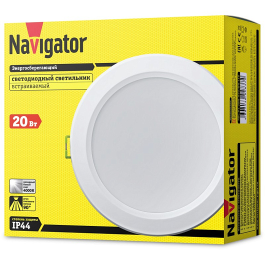 Светильник встраиваемый светодиодный круглый Navigator 94 837 NDL-P1-20W-840-WH-LED (аналог Downlight КЛЛ 2х18) от магазина Диал Электро