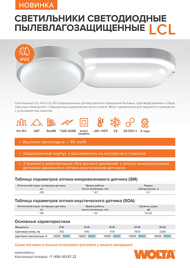 Светодиодный овальный накладной светильник ЖКХ WOLTA LCL05-12W-P01-4K 12Вт 4000K IP65 1140лм овал 200х98х46 мм от магазина Диал Электро