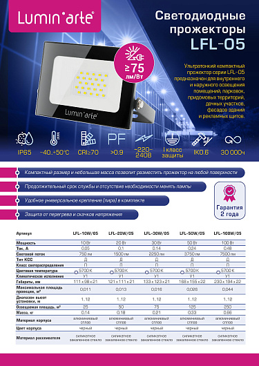 Прожектор LED Lumin`arte LFL-20W/05 20Вт 5700K 1500лм черный IP65 от магазина Диал Электро