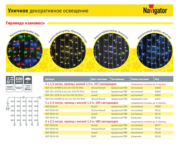 Гирлянда Navigator 95 117 NGF-D030-05 (занавес CW 6*2.5м IP44) от магазина Диал Электро