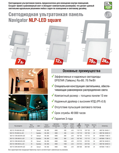 Светильник потолочный светодиодный квадратный Navigator 94 458 NLP-S1-19W-840-WH-LED(225x225) от магазина Диал Электро