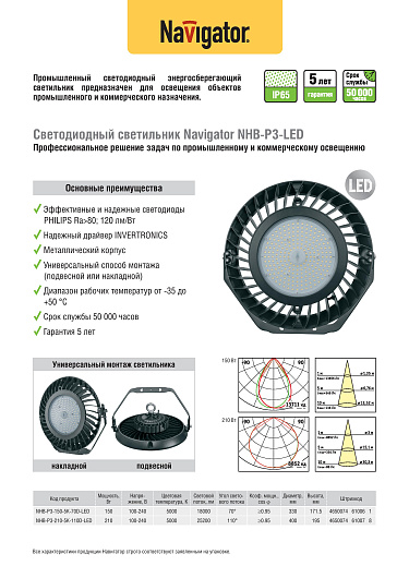 Светильник Navigator 61 006 NHB-P3-150-5K-70D-LED от магазина Диал Электро