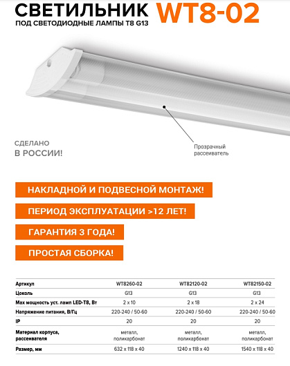 Светильник линейный ДПО 1200мм WOLTA WT82120-02 под светодиодные лампы T8 G13 (лампа в комплект не входит) IP20 от магазина Диал Электро