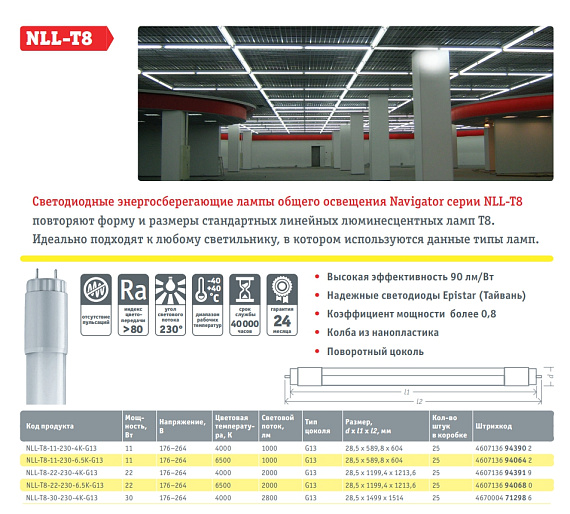 Лампа светодиодная линейная t8 g13 22вт 6500к 1200мм Navigator 94 068 NLL-T8-22-230-6.5K-G13 от магазина Диал Электро